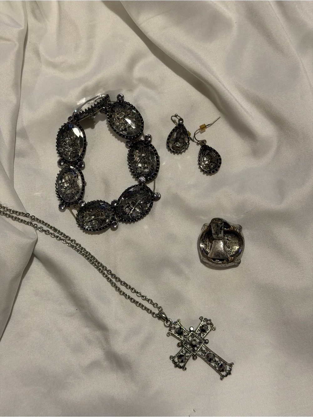 Silver-Tone Crystal Cross Necklace & Bracelet Set - Women Jewelry